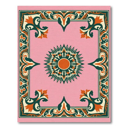 Pink Ivory Coral Floral Sunburst Border Rug