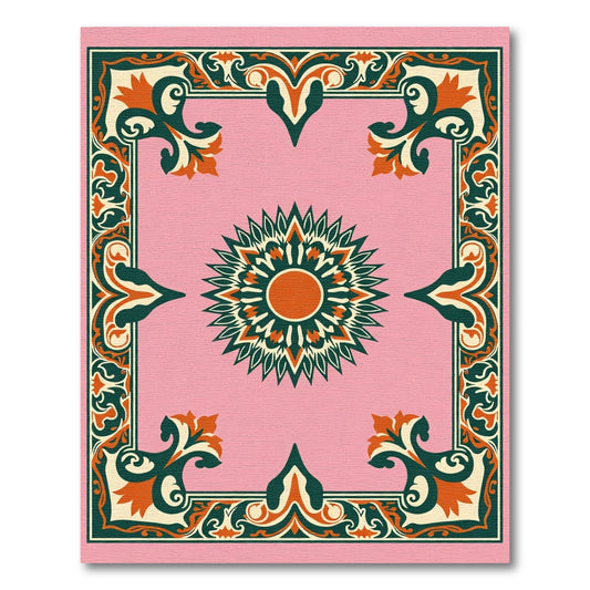Pink Ivory Coral Floral Sunburst Border Rug