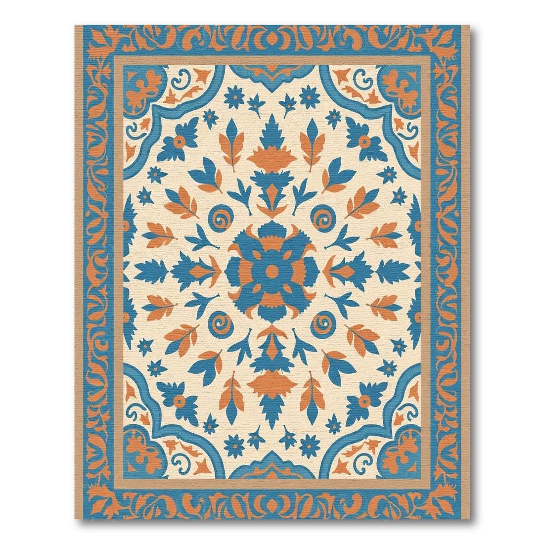 Teal Orange Floral Medallion Border Rug