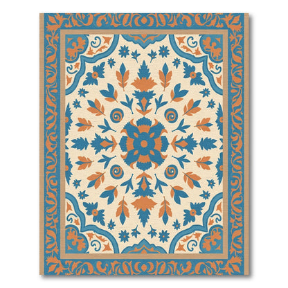 Teal Orange Floral Medallion Border Rug