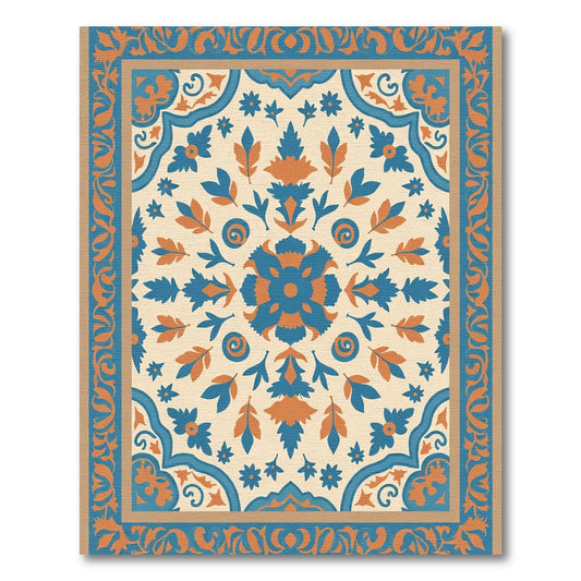 Teal Orange Floral Medallion Border Rug