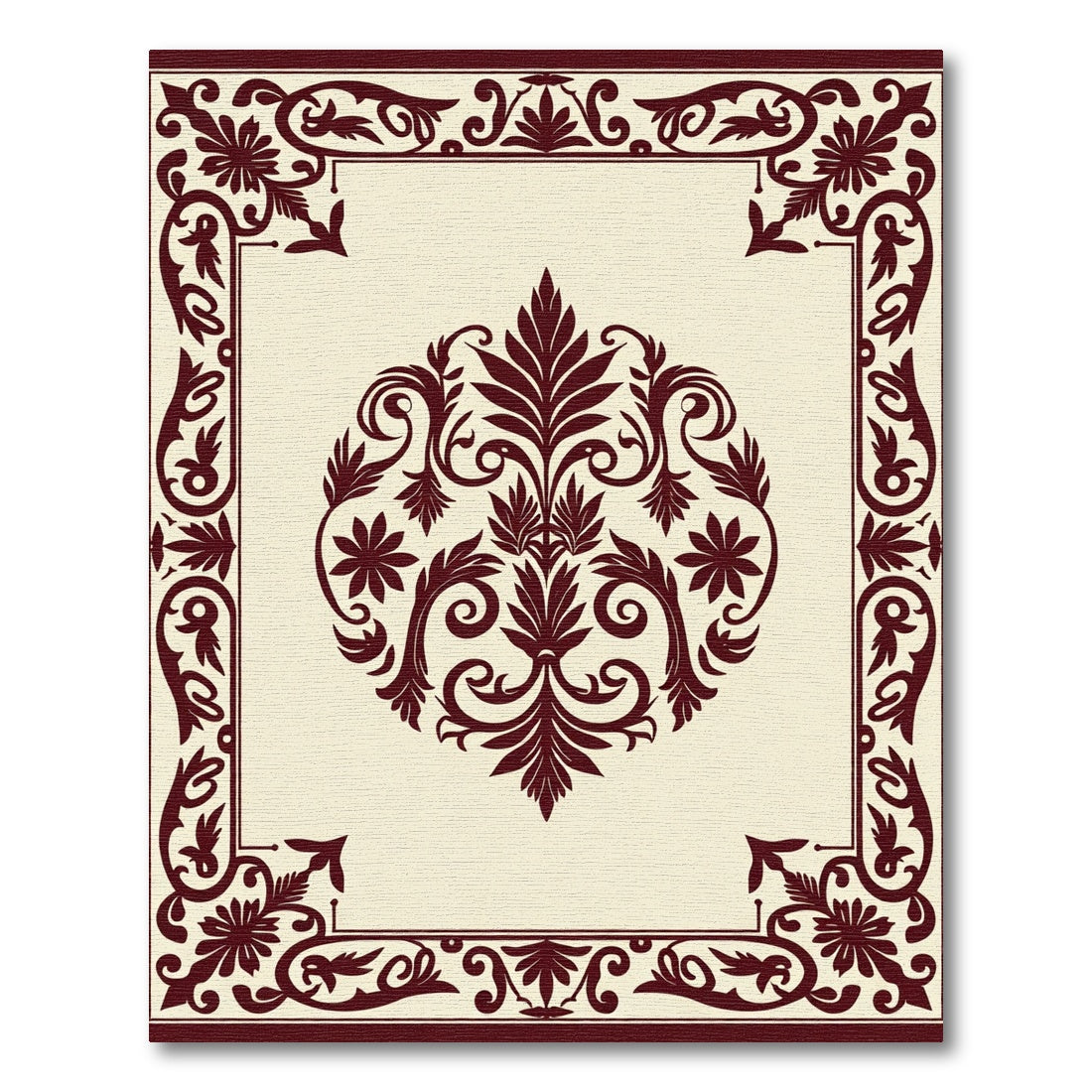 Crimson Damask Floral Centerpiece Border Rug