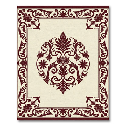 Crimson Damask Floral Centerpiece Border Rug