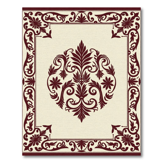 Crimson Damask Floral Centerpiece Border Rug