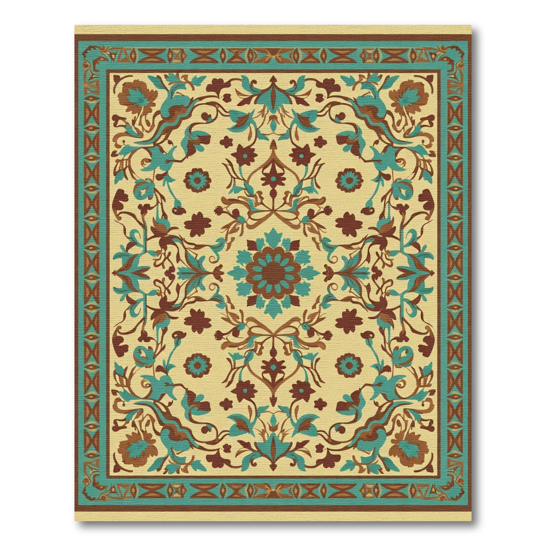 Golden Teal Brown Floral Medallion Rug