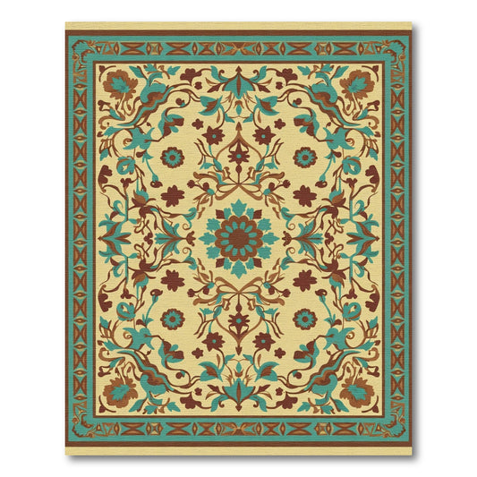Golden Teal Brown Floral Medallion Rug