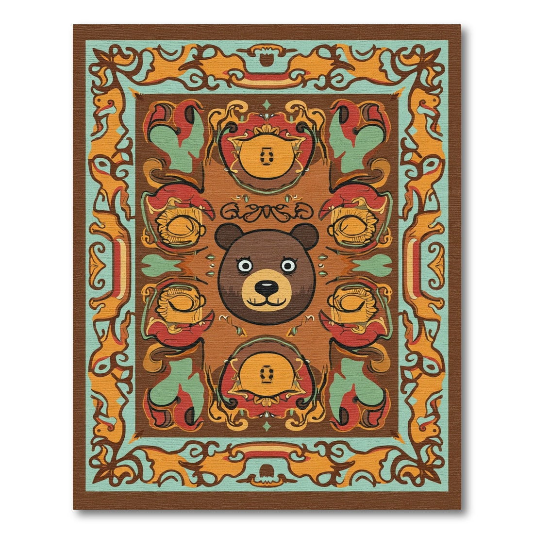 Whimsical Bear Face Abstract Scroll Rug