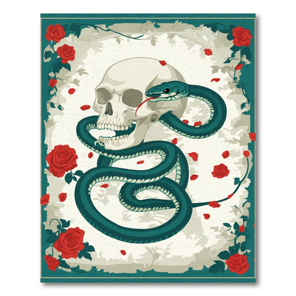 Teal Snake Skull Red Rose Border Rug