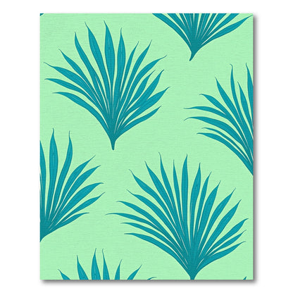 Teal Fan Palm Leaves On Mint Rug