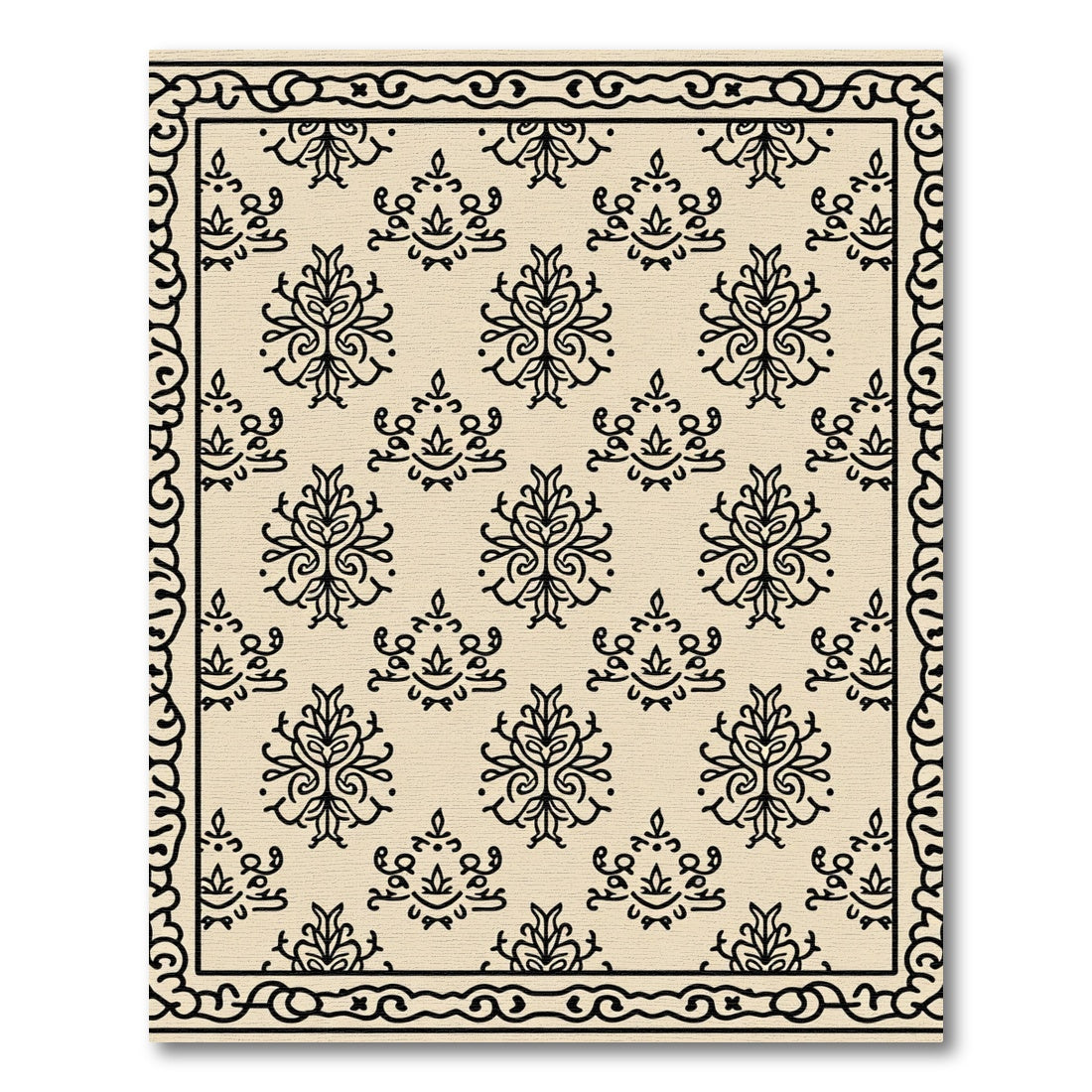 Cream Black damask allover border Rug