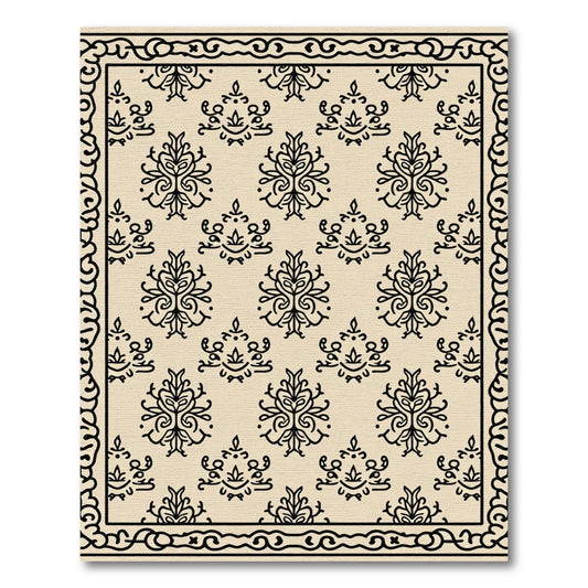 Cream Black damask allover border Rug