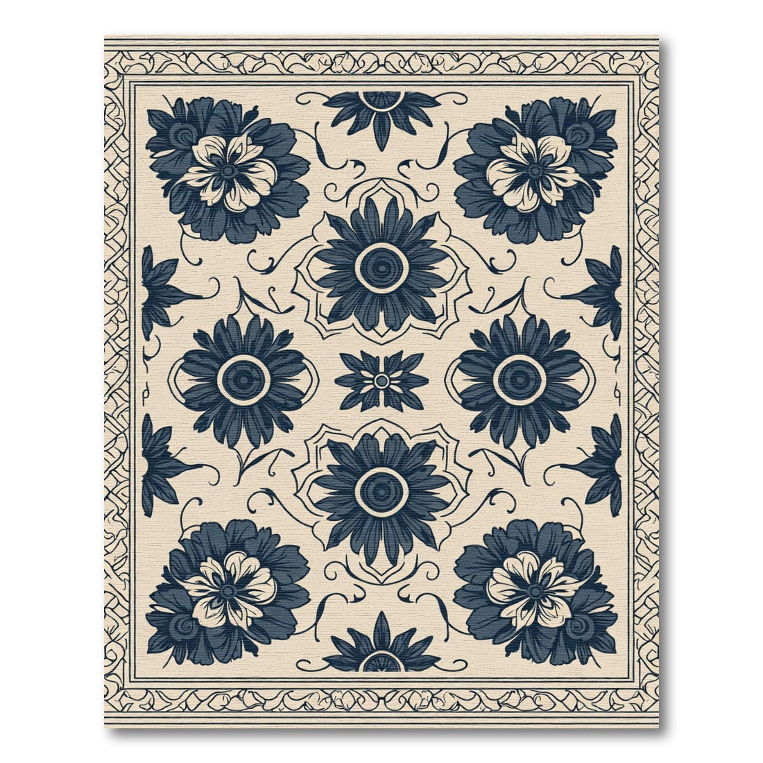 Navy Blue Floral Medallion Composition Rug