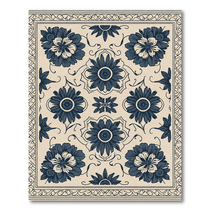Navy Blue Floral Medallion Composition Rug