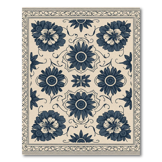 Navy Blue Floral Medallion Composition Rug