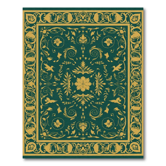 Classic Teal Gold Floral Bird Medallion Rug