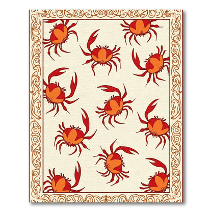 Red Orange Crab Motif With Border Rug