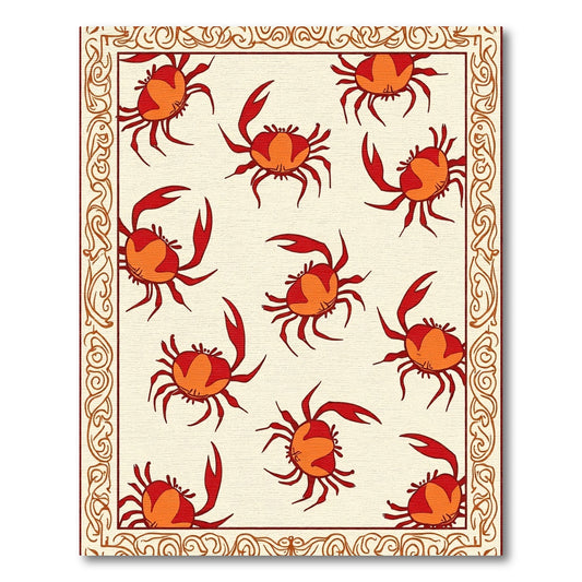 Red Orange Crab Motif With Border Rug