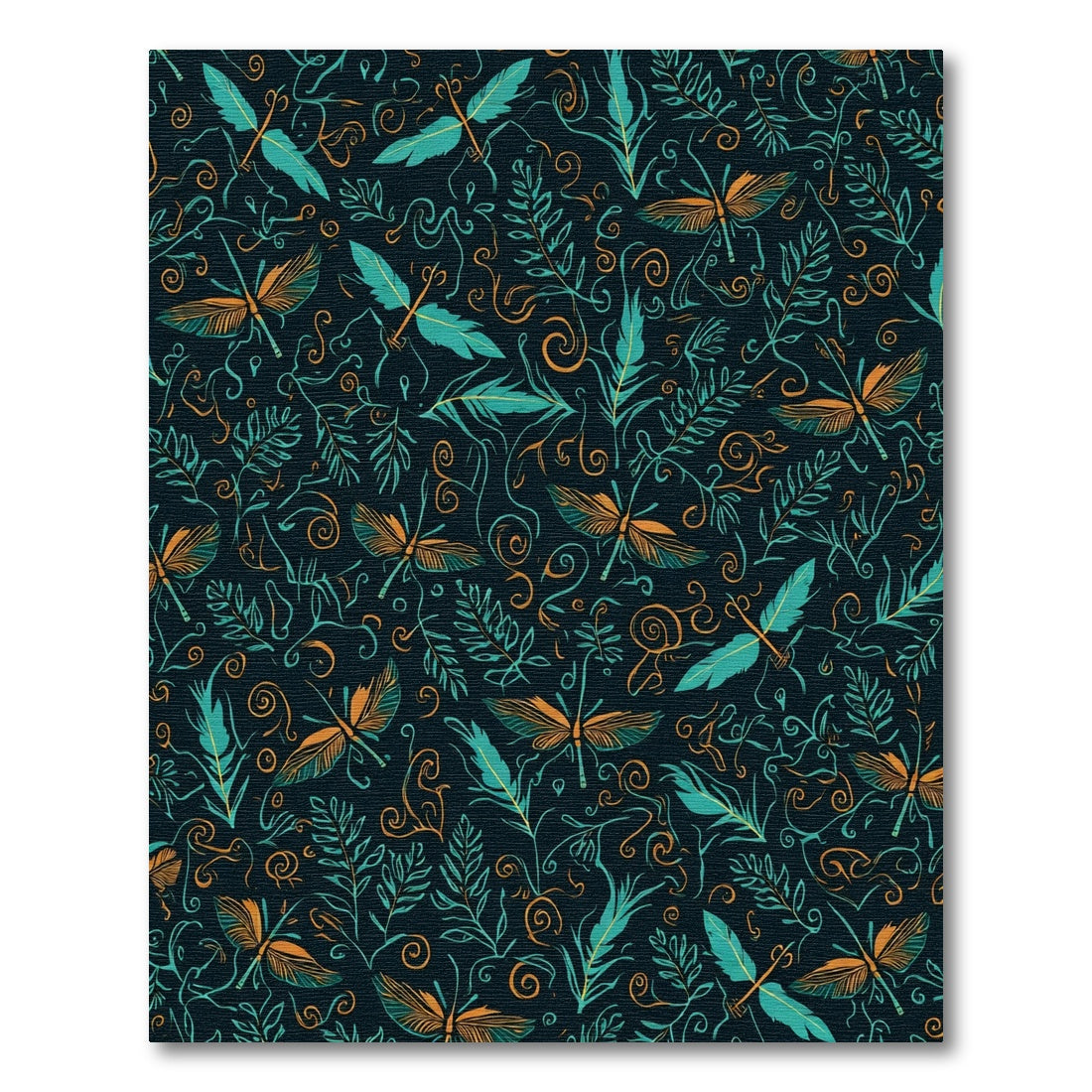 Dark Teal Orange Dragonfly Botanical Swirls Rug