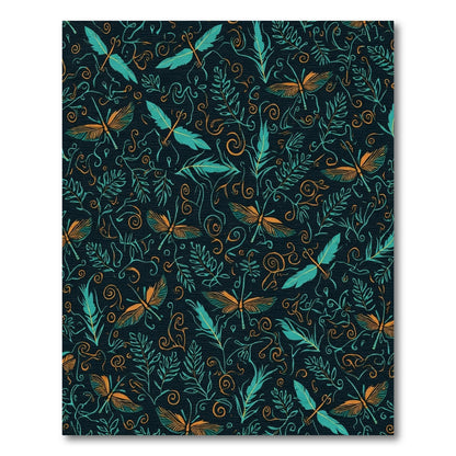 Dark Teal Orange Dragonfly Botanical Swirls Rug