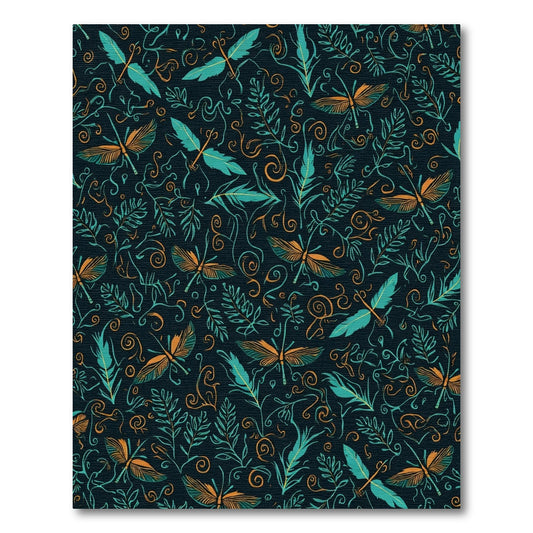 Dark Teal Orange Dragonfly Botanical Swirls Rug