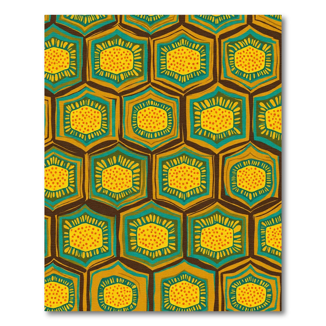 Golden Teal Hexagonal Medallion Rug
