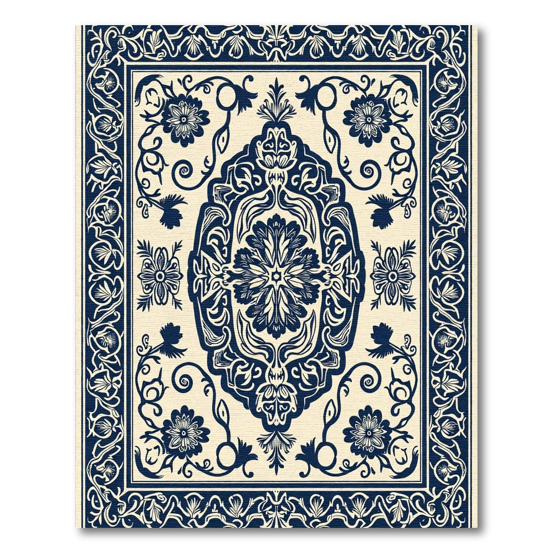 Navy Ivory Floral Mandala Border Rug