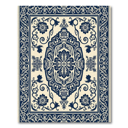Navy Ivory Floral Mandala Border Rug