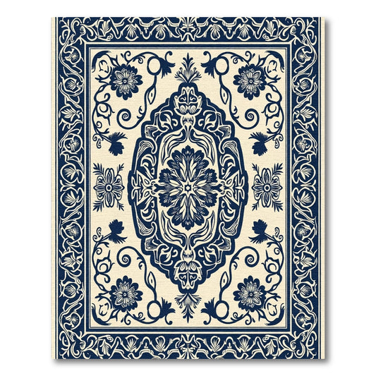 Navy Ivory Floral Mandala Border Rug