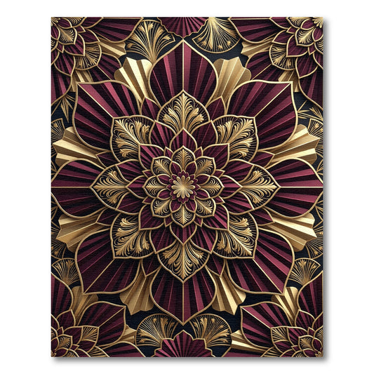 Crimson Gold Art Deco Floral Sunburst Rug