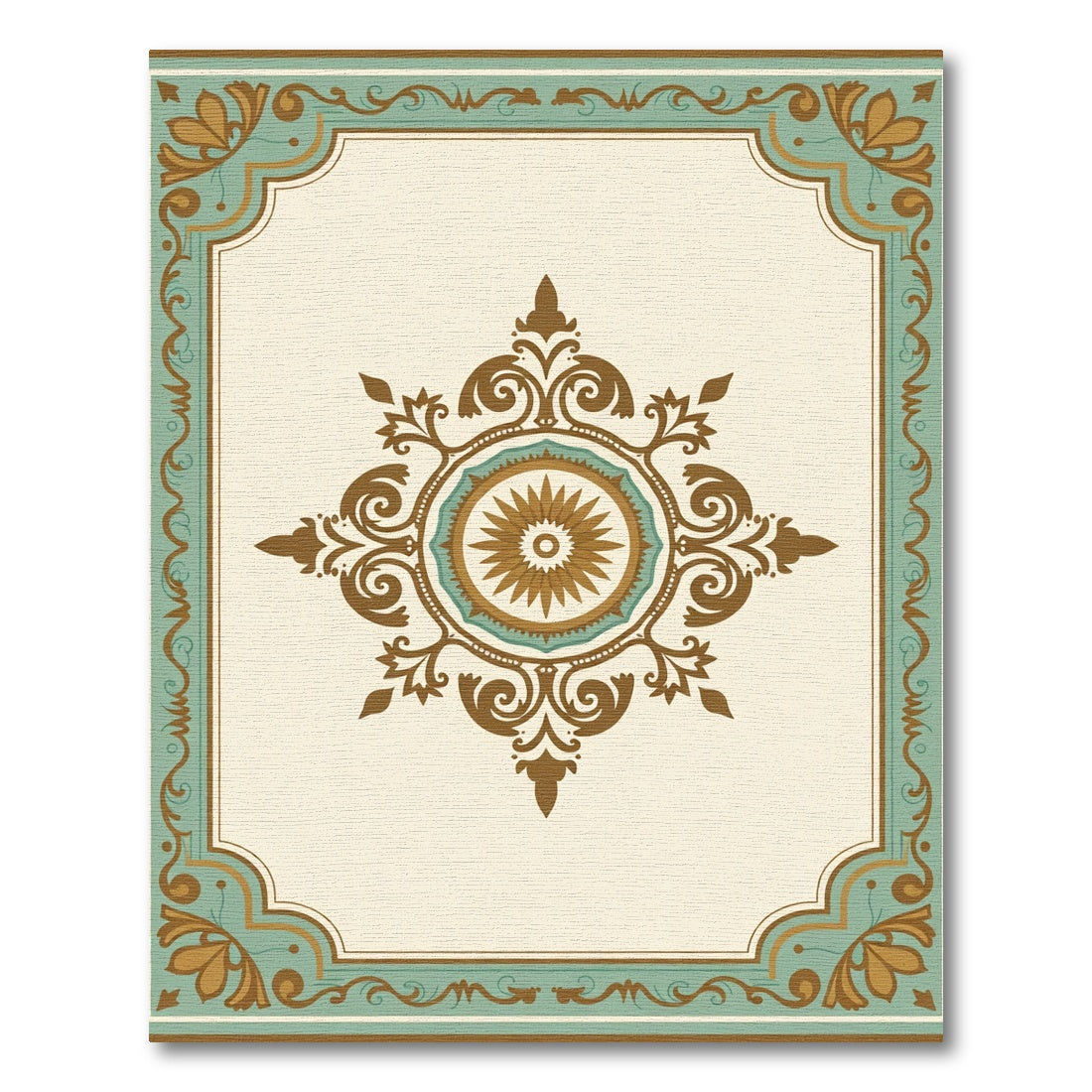 Brown Teal Sunburst Medallion Frame Rug