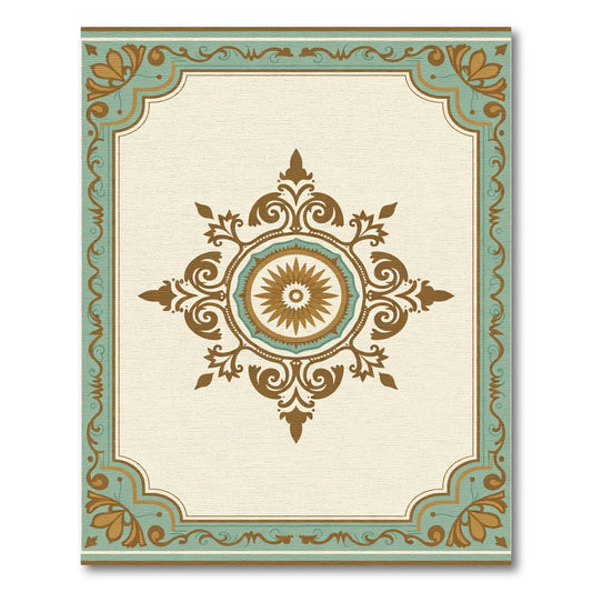 Brown Teal Sunburst Medallion Frame Rug