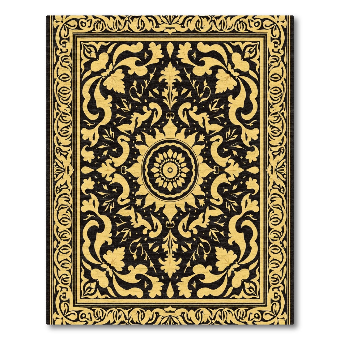 Golden Floral Medallion Black Rug