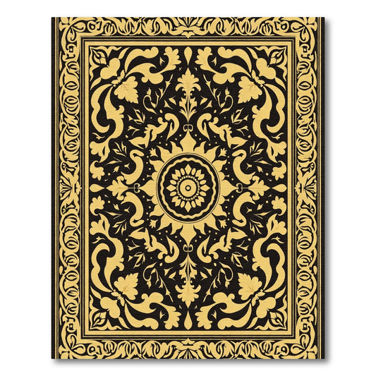 Golden Floral Medallion Black Rug