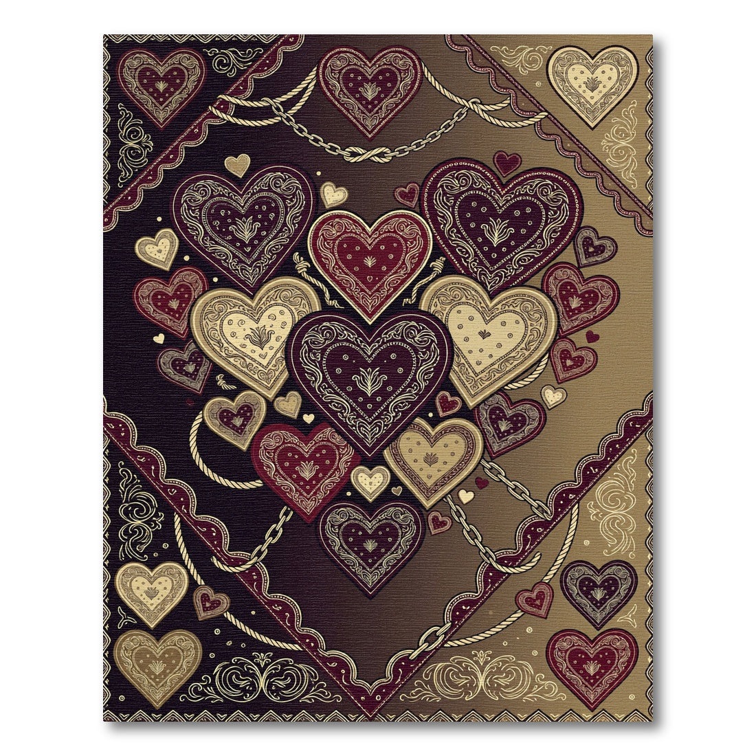 Rich Burgundy Cream Heart Bandana Medallion Rug