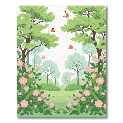 Whimsical Pink Floral Bird Forest Rug