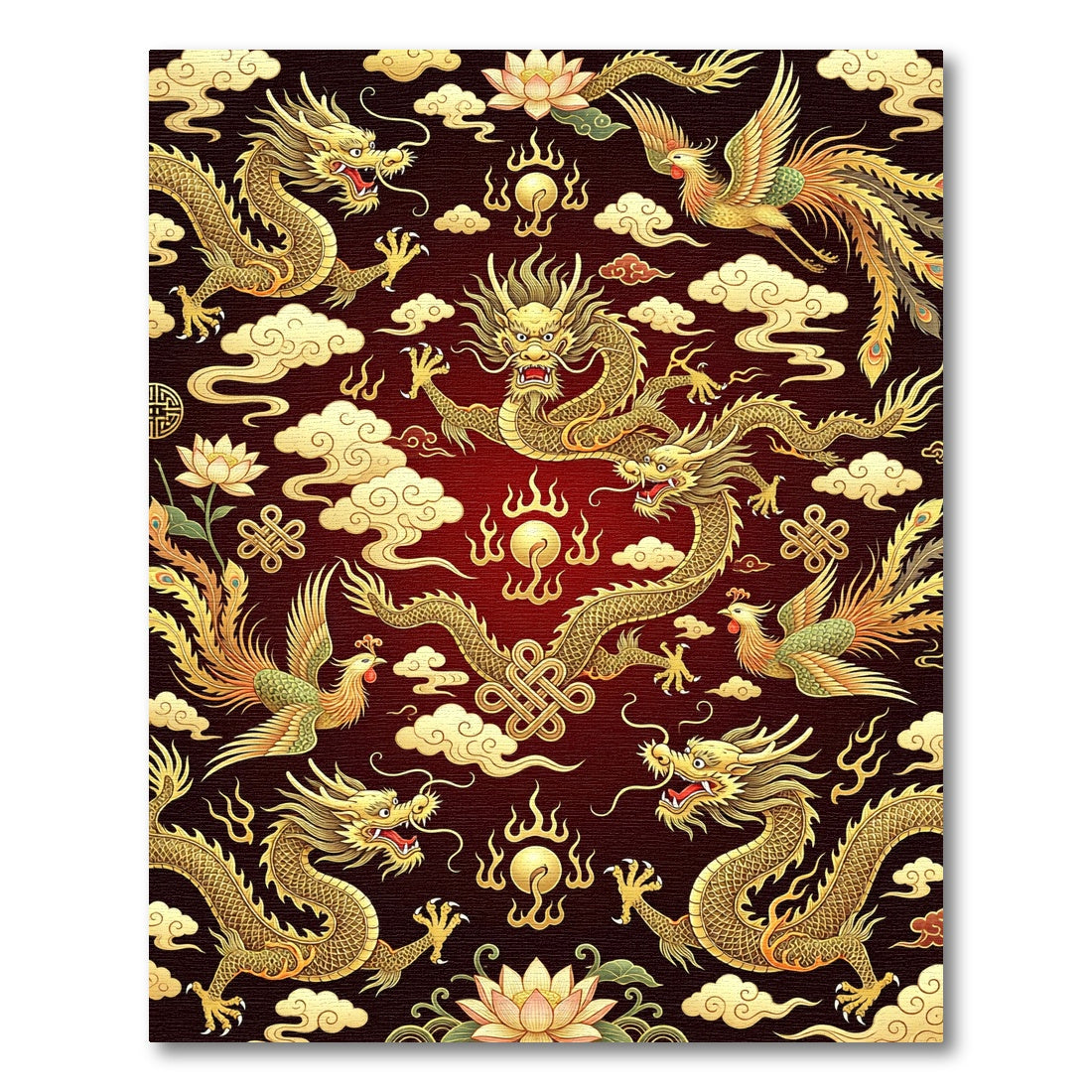 Golden Dragons Phoenix Crimson Clouds Rug
