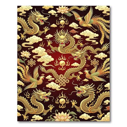 Golden Dragons Phoenix Crimson Clouds Rug
