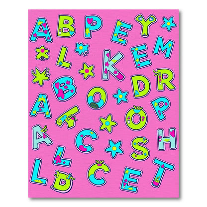 Bright Blue Green Pink Alphabet Collage Rug