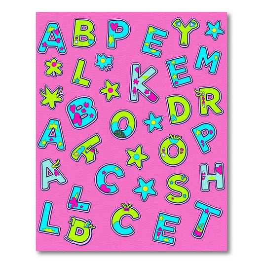 Bright Blue Green Pink Alphabet Collage Rug