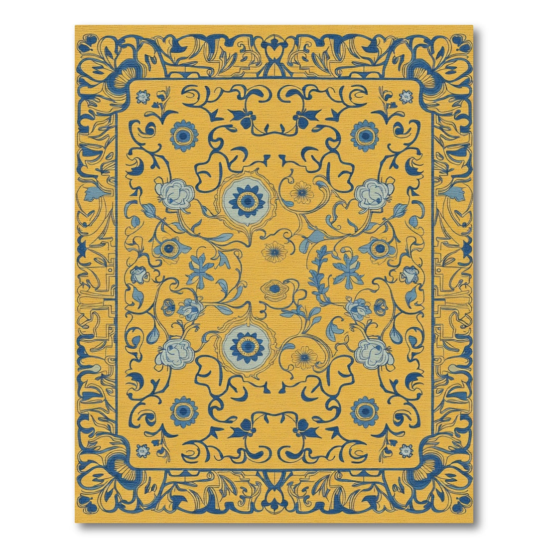 Golden Blue Floral Swirl Medallion Rug