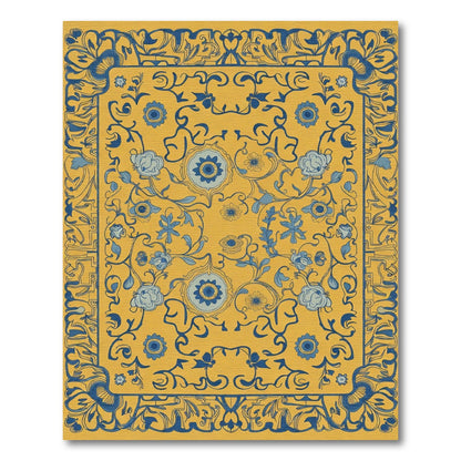 Golden Blue Floral Swirl Medallion Rug