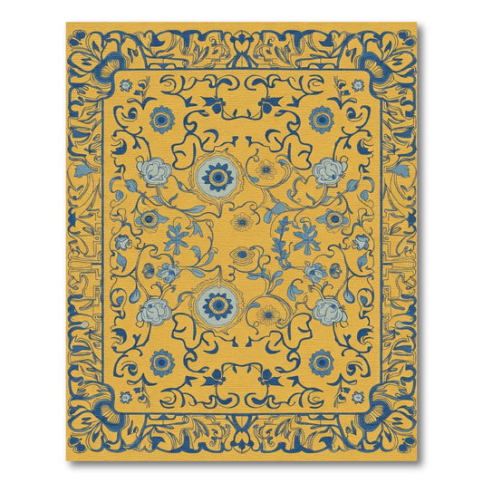 Golden Blue Floral Swirl Medallion Rug