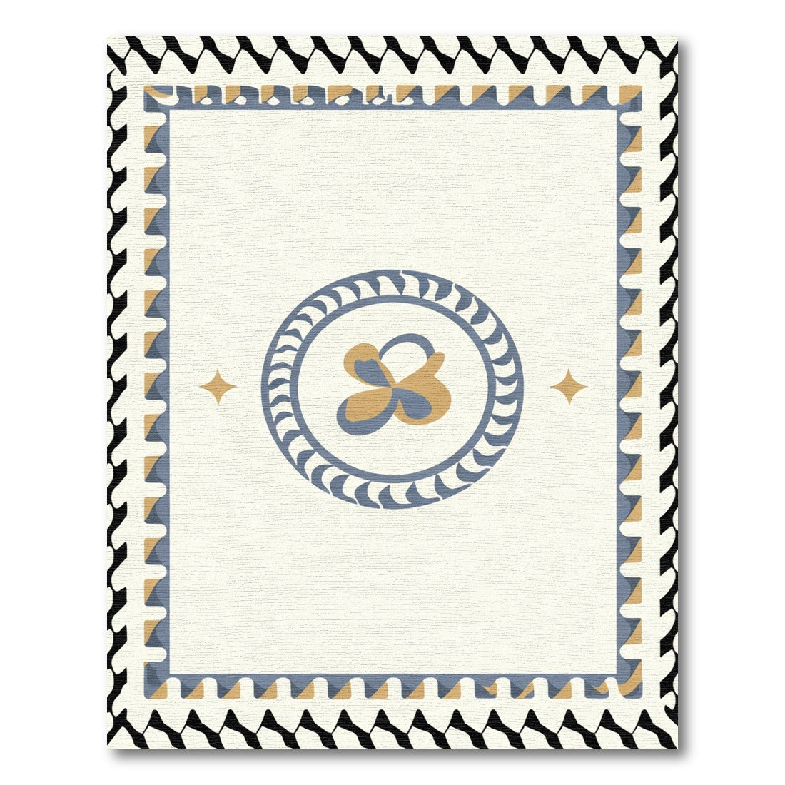 Cream Blue Gold Abstract Medallion Rug