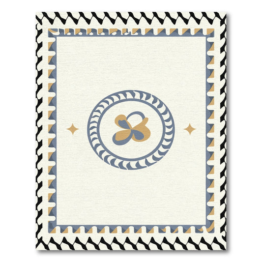 Cream Blue Gold Abstract Medallion Rug