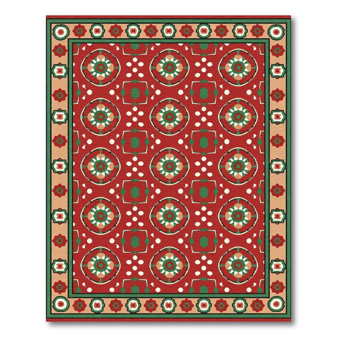 Crimson Red Geometric Medallion Border Rug