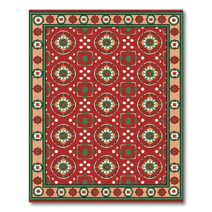 Crimson Red Geometric Medallion Border Rug