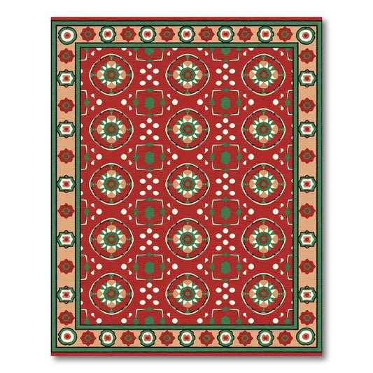 Crimson Red Geometric Medallion Border Rug