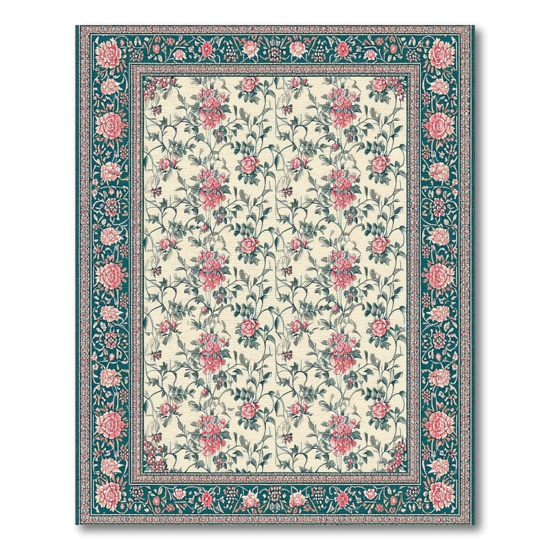 Pink Rose Teal Floral Vintage Area Rug