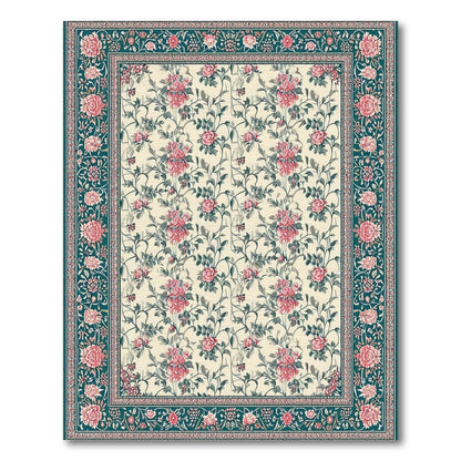 Pink Rose Teal Floral Vintage Area Rug