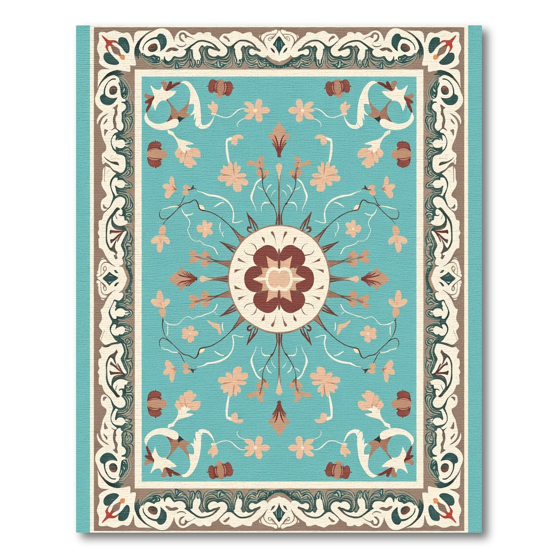 Aqua Floral Medallion Border Rug
